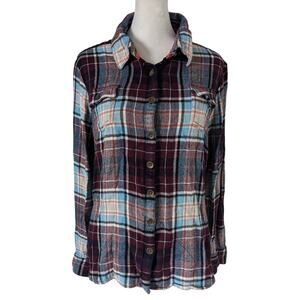 Aventura Knit Plaid Maroon Blue Knit Button Up XL